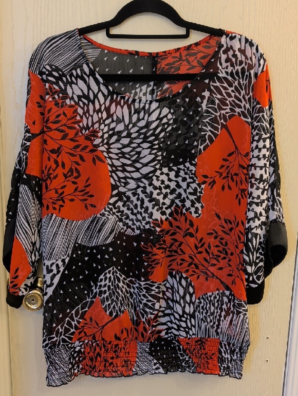 Sheer Red Black Botanical Blouse Women’s Size L Lightweight Dolman Sleeve Top